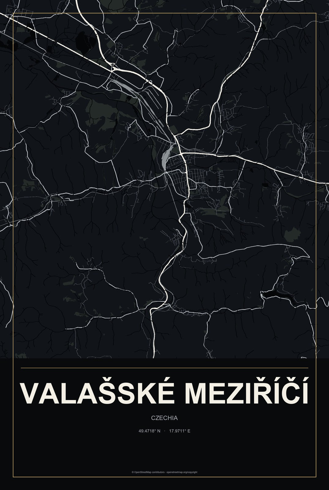 Valašské Meziříčí, Czechia City Map Aluminum Sign in Metropolitan Noir style