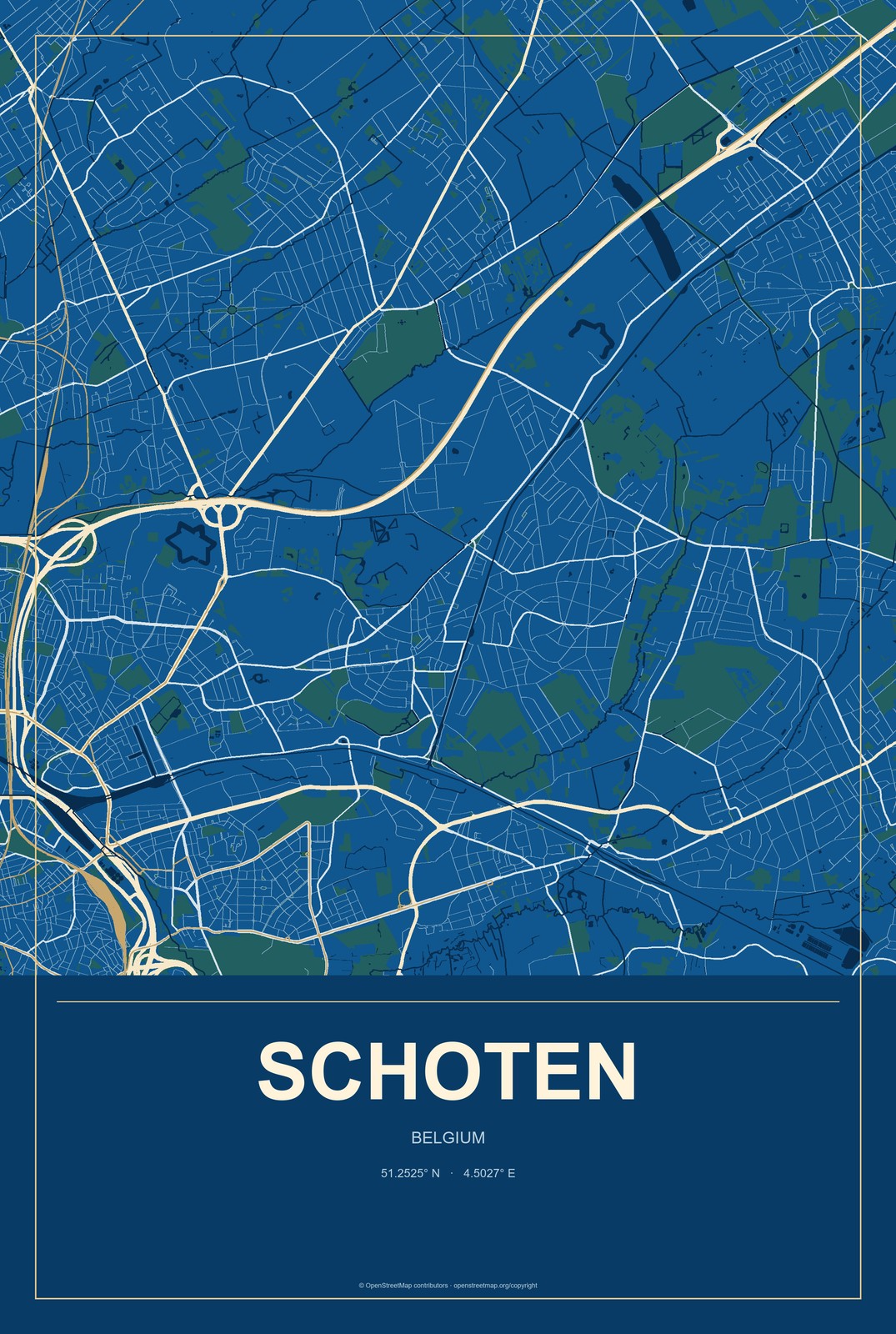 Schoten, Belgium City Map Aluminum Sign in Harbor Cobalt style