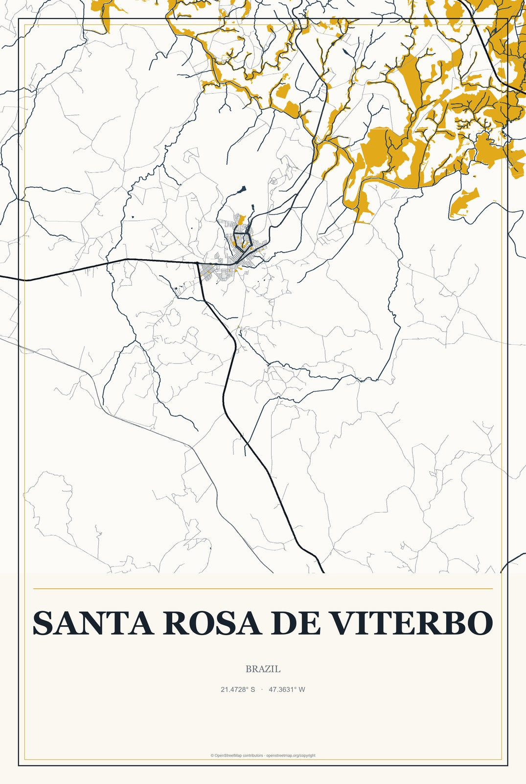 Santa Rosa de Viterbo, Brazil City Map Aluminum Sign in Citrine Modern style