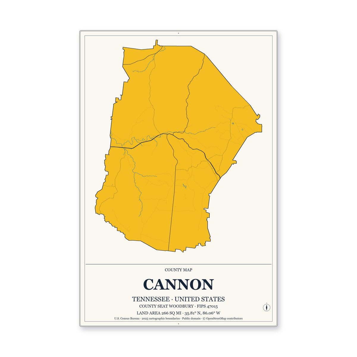 Cannon County, Tennessee Map Aluminum Sign in Citrine Modern style