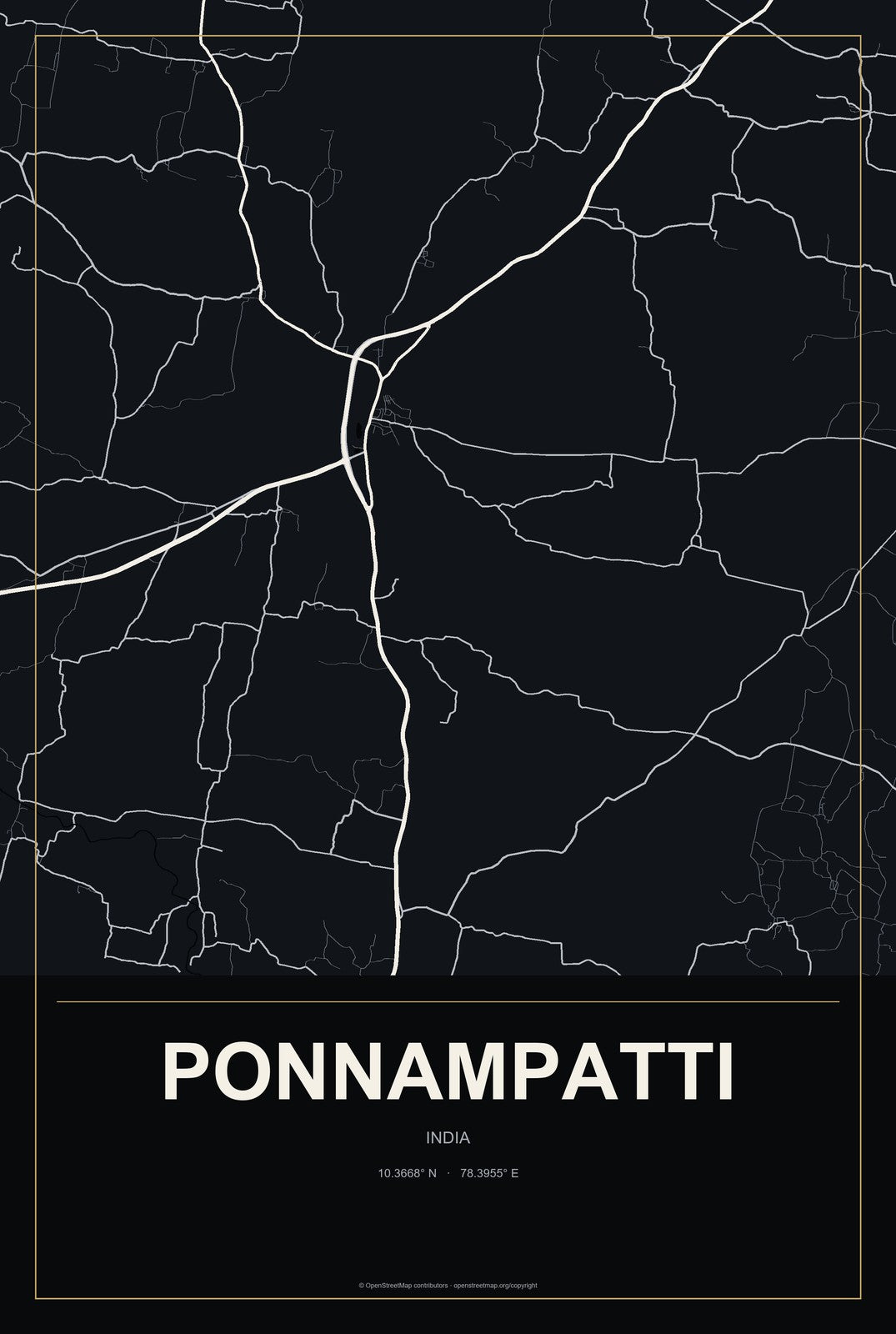 Ponnampatti, India City Map Aluminum Sign in Metropolitan Noir style
