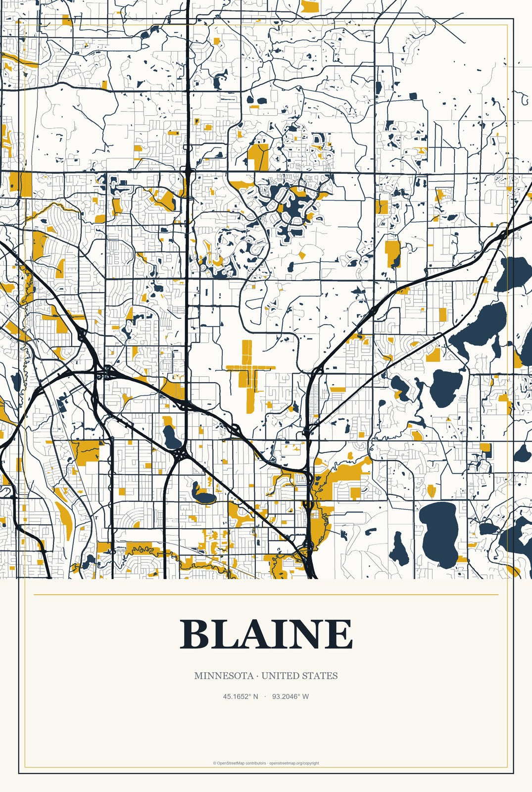 Blaine, Minnesota City Map Aluminum Sign in Citrine Modern style