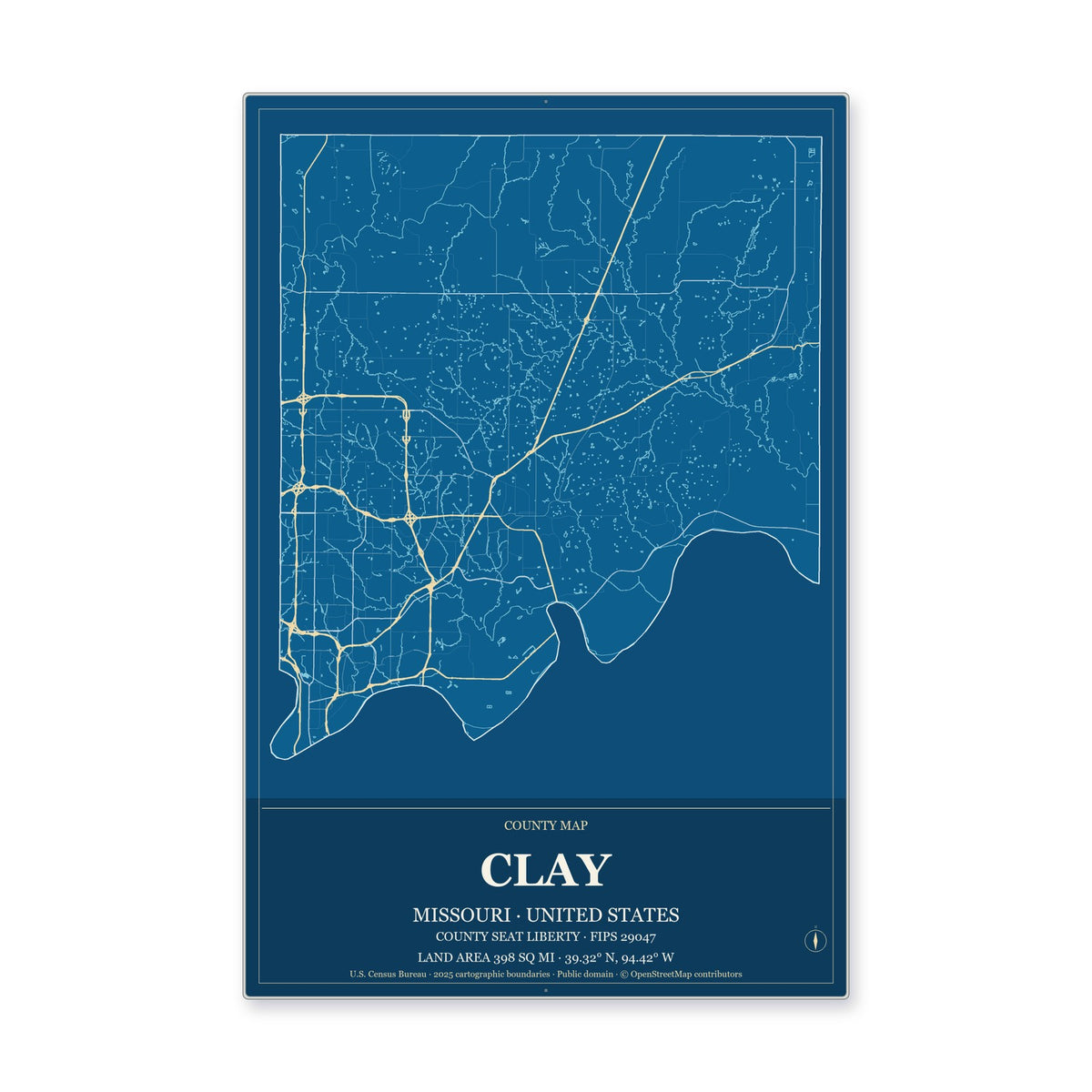 Clay County, Missouri Map Aluminum Sign in Harbor Cobalt style