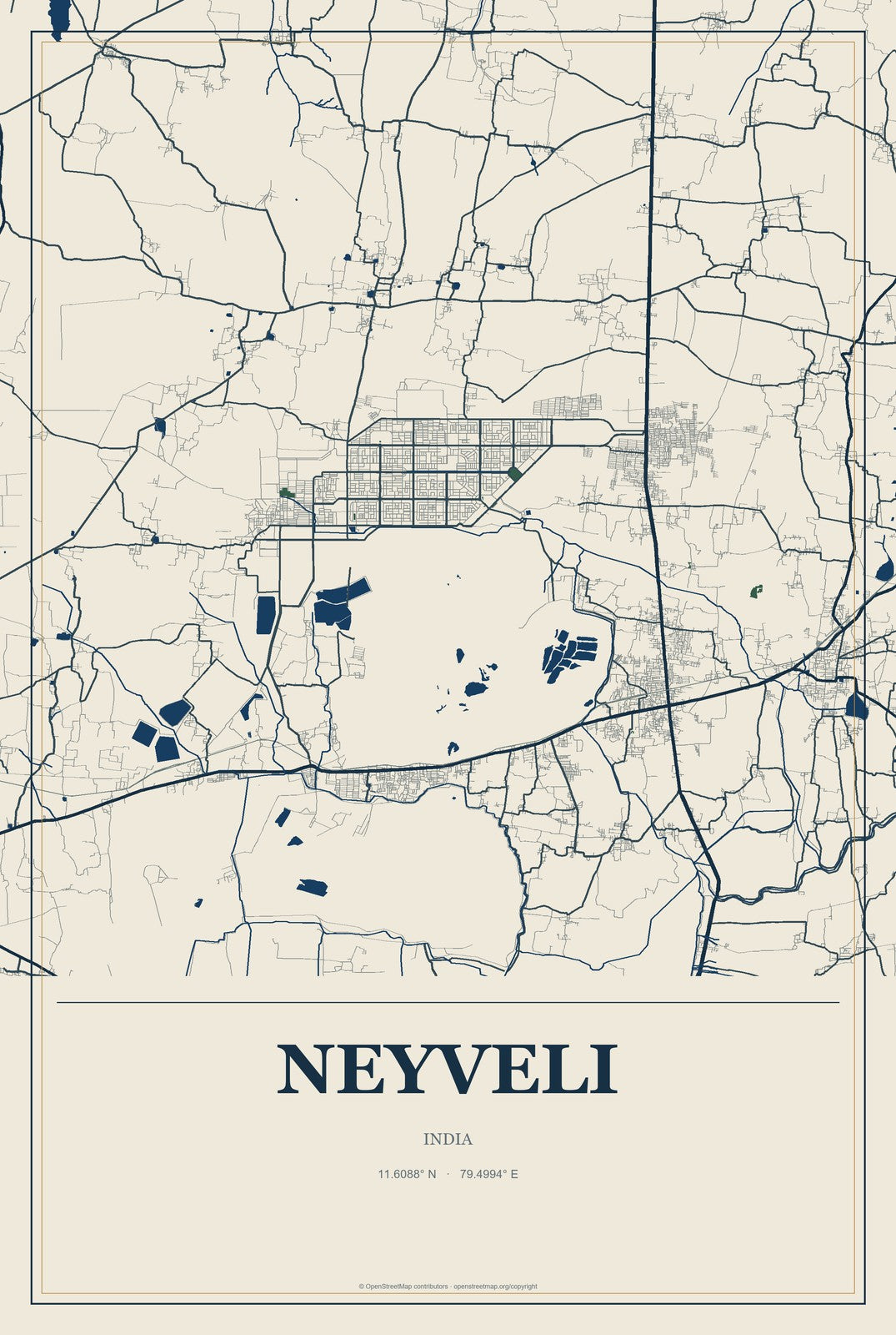 Neyveli, India City Map Aluminum Sign in Coastal Cutout style