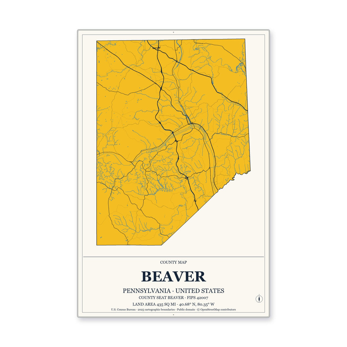 Beaver County, Pennsylvania Map Aluminum Sign in Citrine Modern style