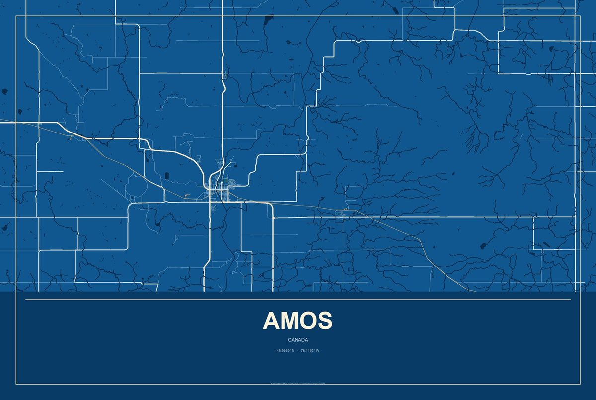 Amos, Canada City Map Aluminum Sign in Harbor Cobalt style