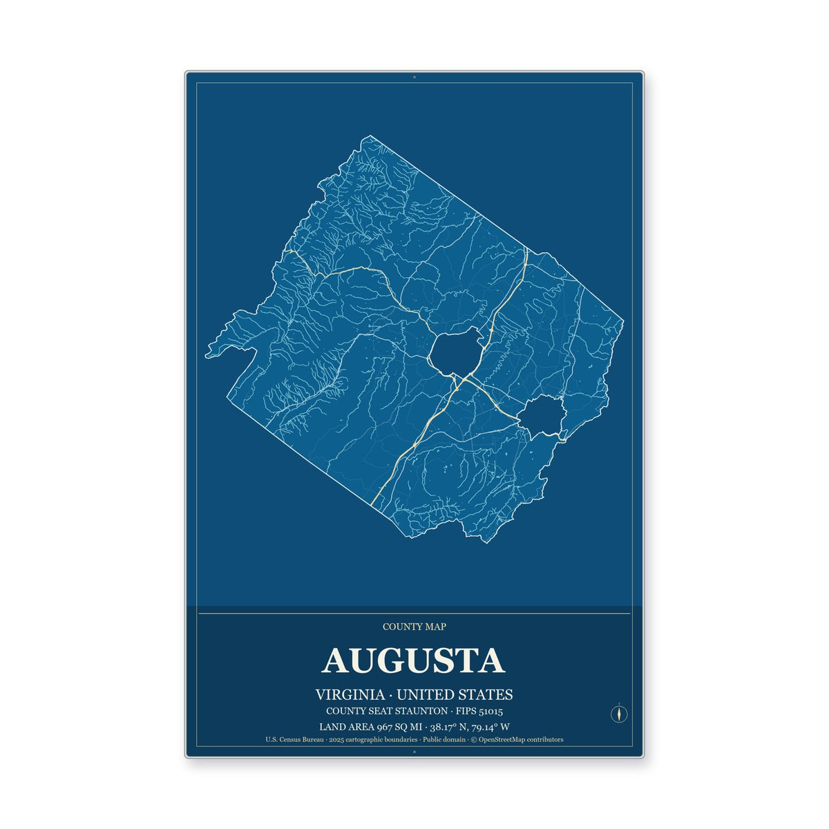Augusta County, Virginia Map Aluminum Sign in Harbor Cobalt style