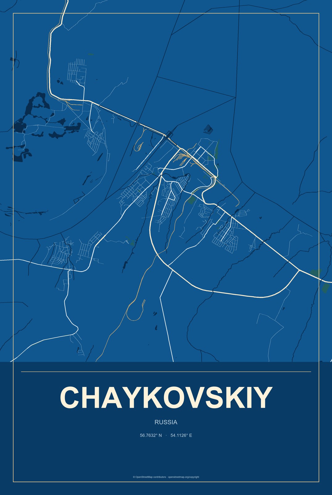 Chaykovskiy, Russia City Map Aluminum Sign in Harbor Cobalt style
