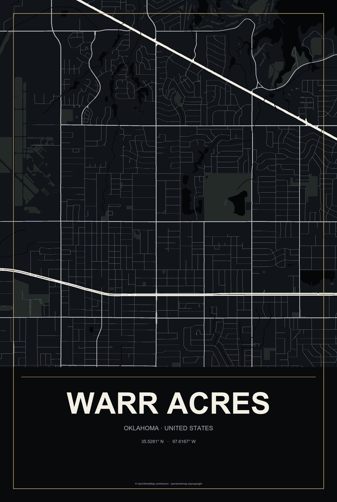 Warr Acres, Oklahoma City Map Aluminum Sign in Metropolitan Noir style