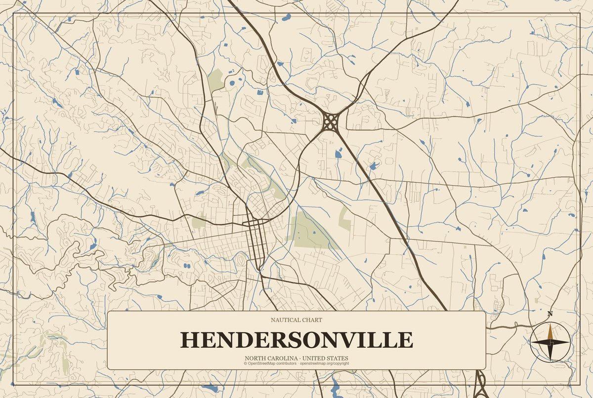 Hendersonville, North Carolina City Map Aluminum Sign in Heritage Nautical style