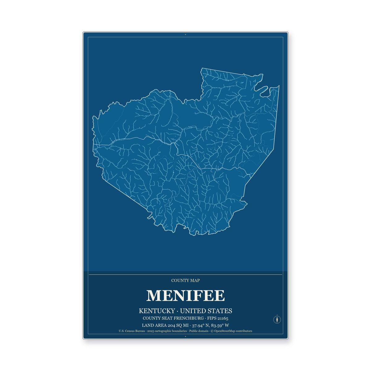 Menifee County, Kentucky Map Aluminum Sign in Harbor Cobalt style