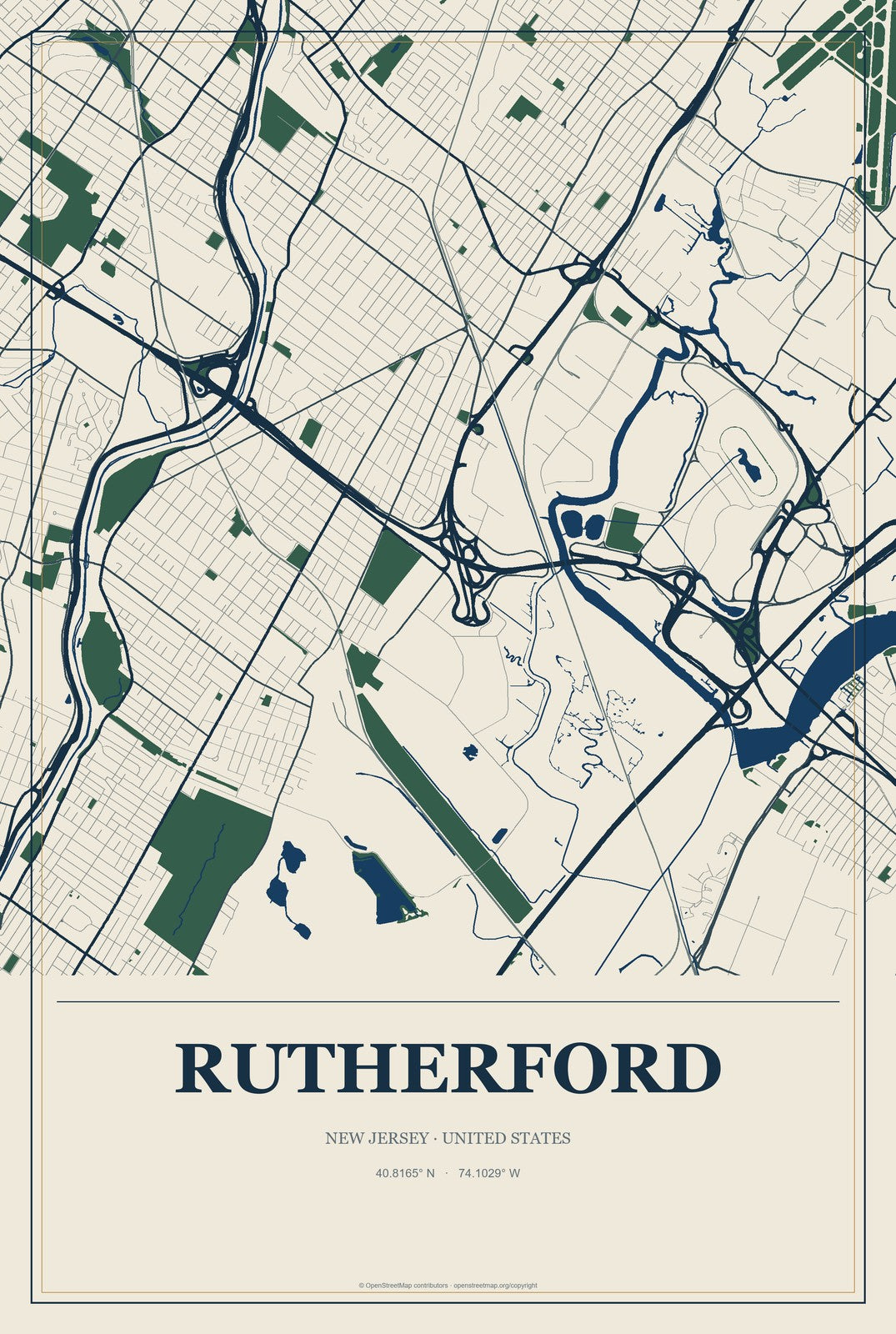 Rutherford, New Jersey City Map Aluminum Sign in Coastal Cutout style