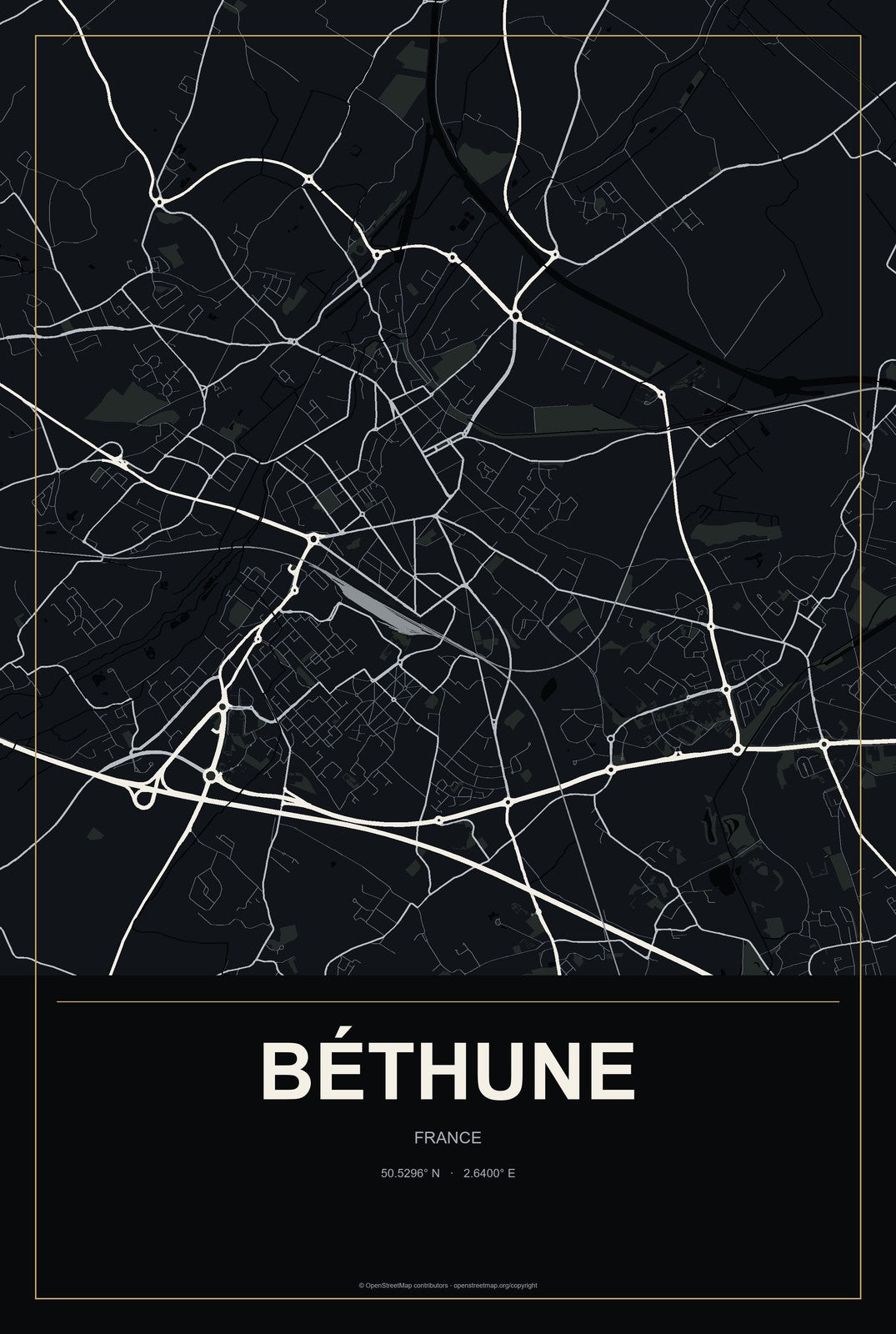 Béthune, France City Map Aluminum Sign in Metropolitan Noir style