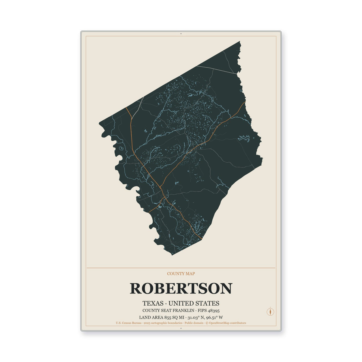Robertson County, Texas Map Aluminum Sign in Headline Atlas style
