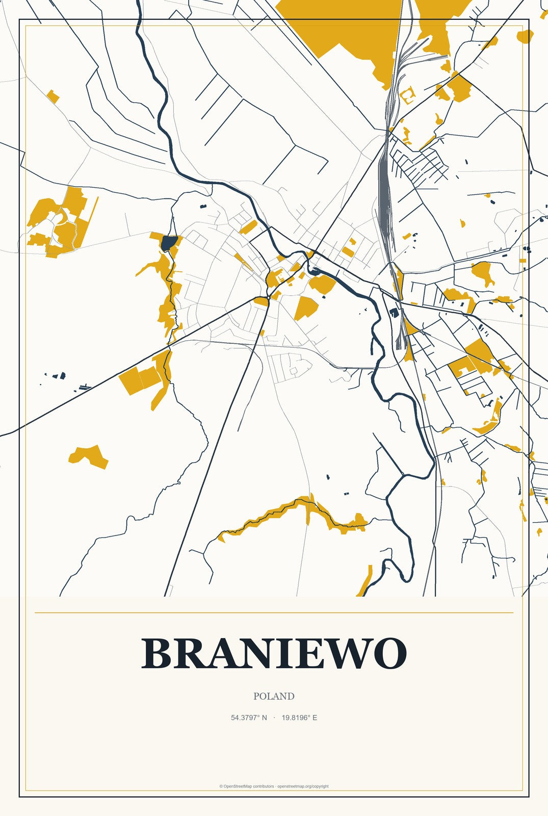 Braniewo, Poland City Map Aluminum Sign in Citrine Modern style