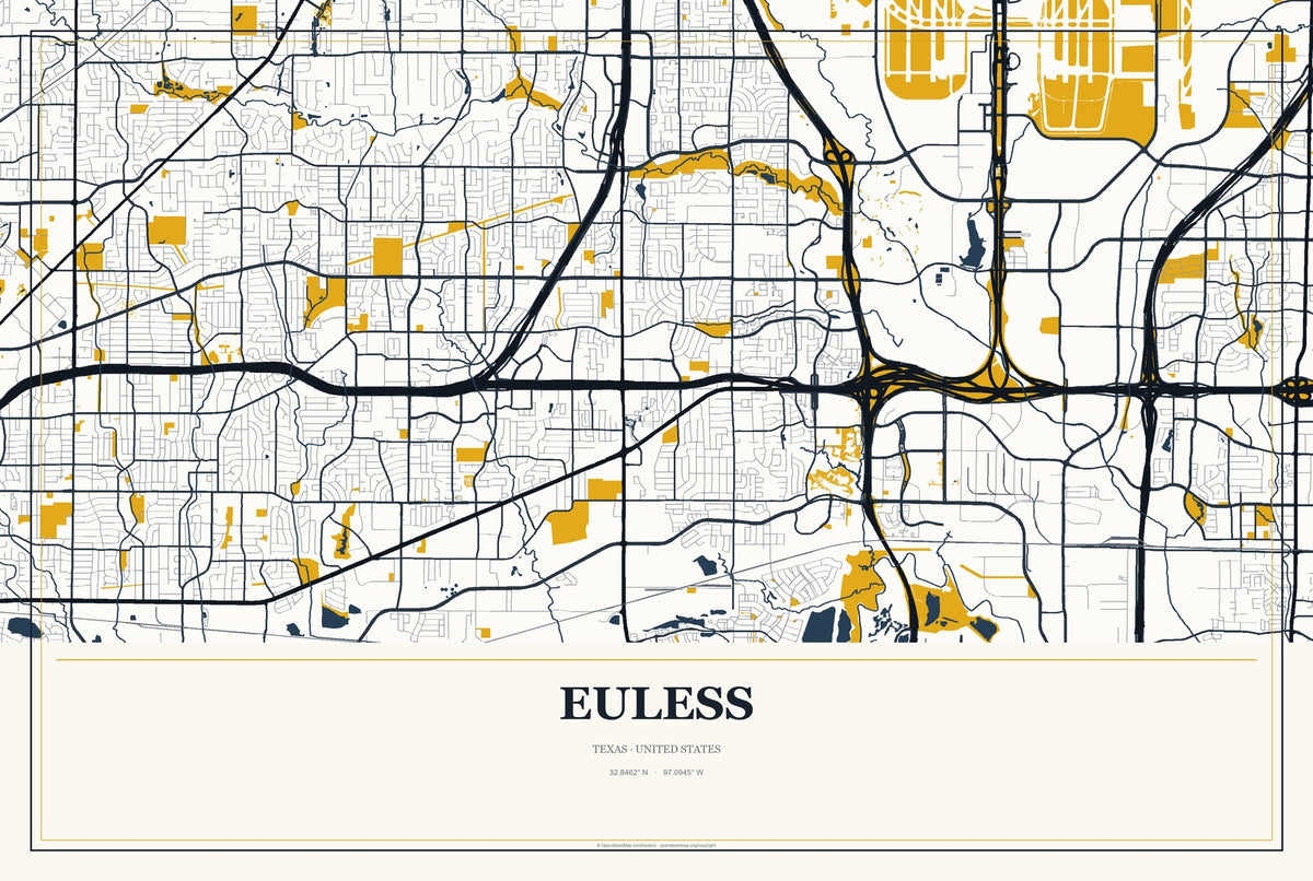Euless, Texas City Map Aluminum Sign in Citrine Modern style