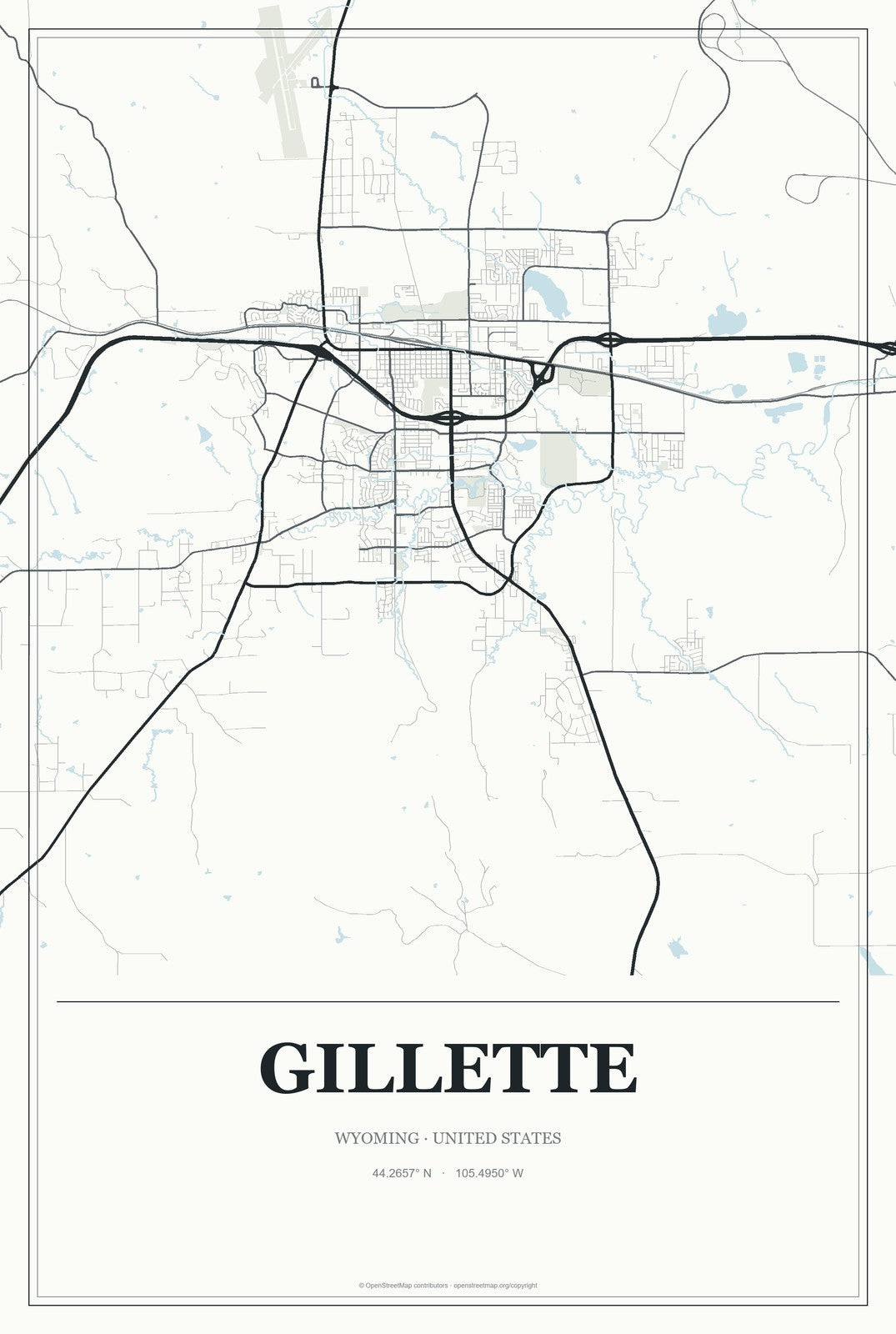 Gillette, Wyoming City Map Aluminum Sign in Gallery Air style