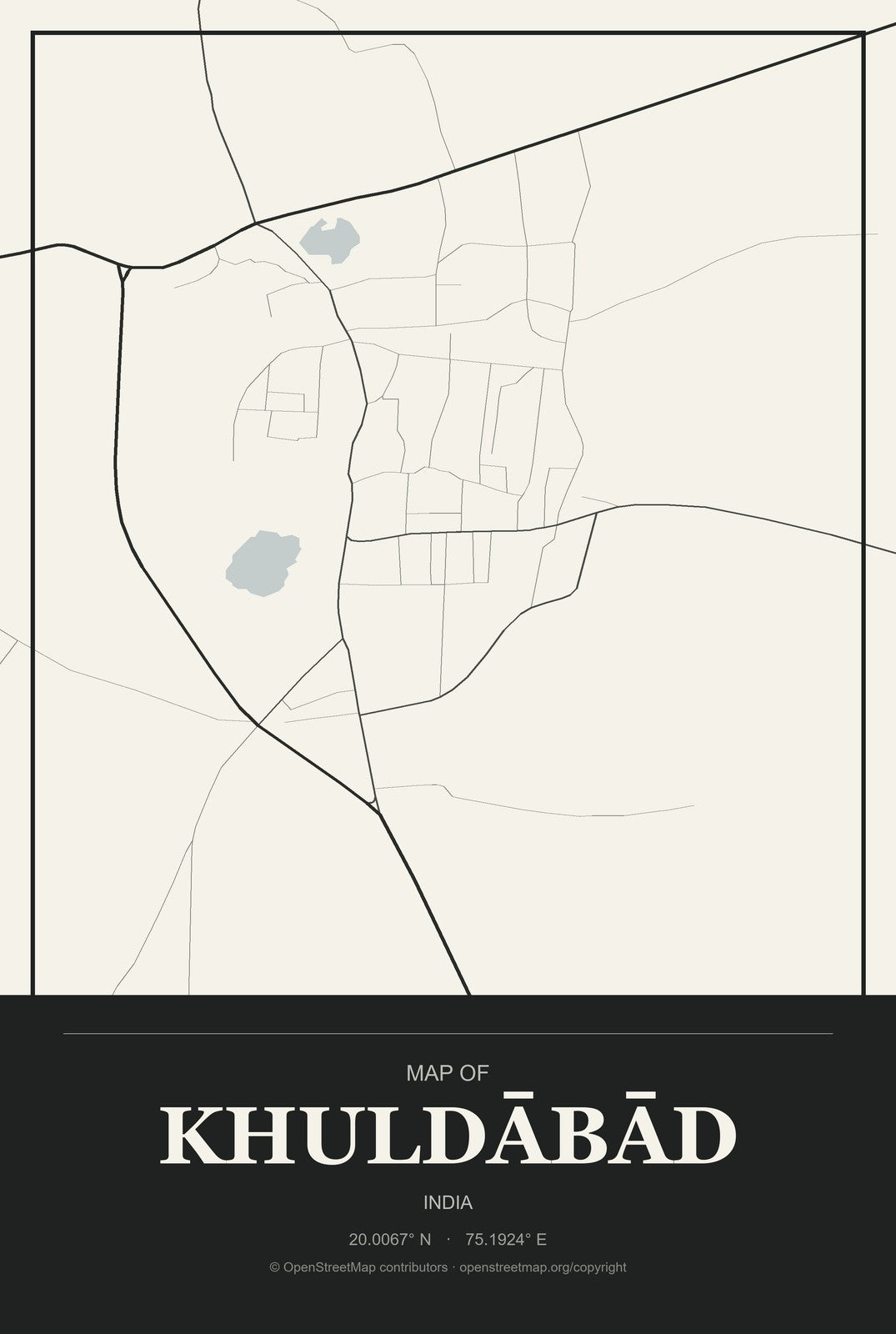 Khuldābād, India City Map Aluminum Sign in Museum Plaque style