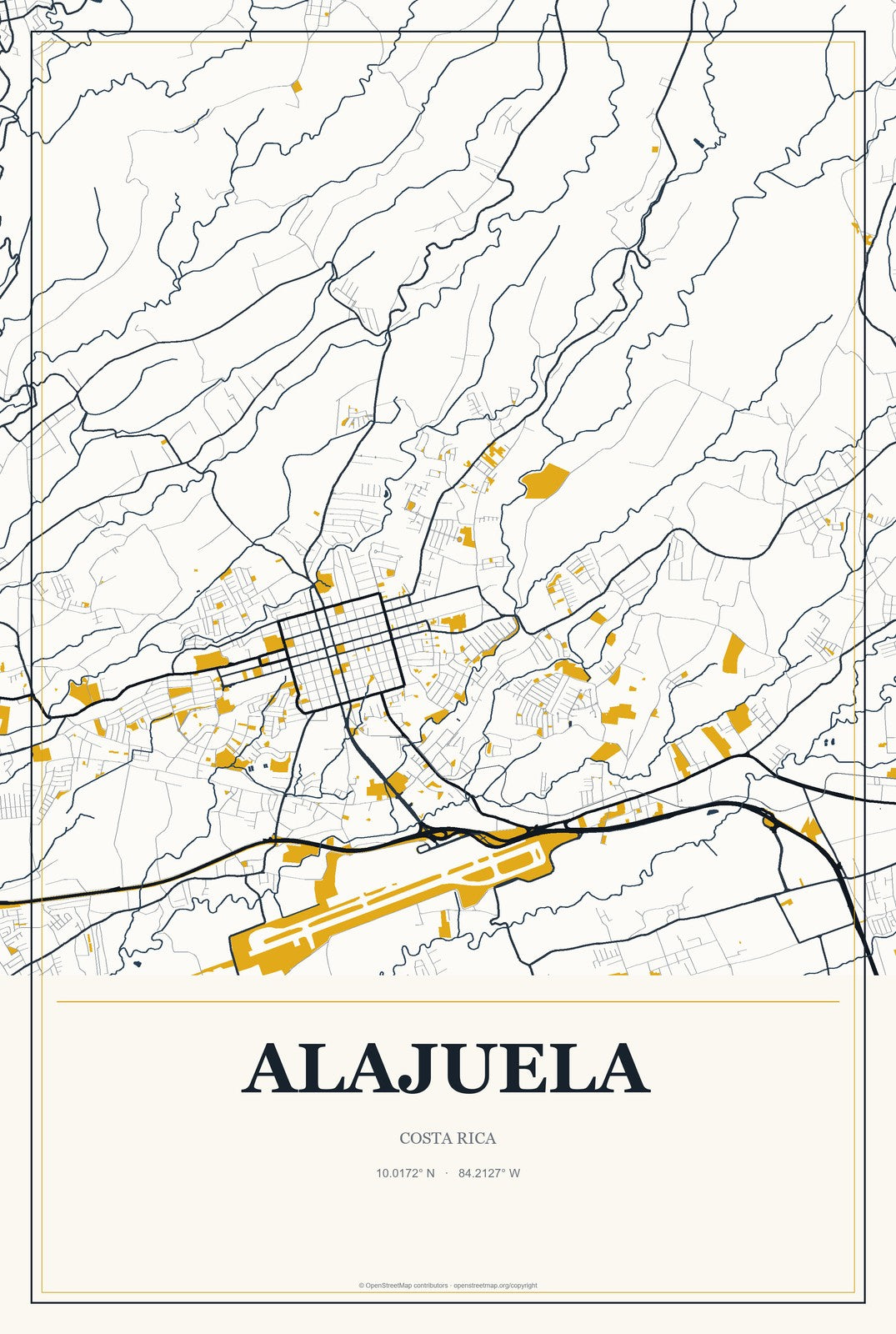 Alajuela, Costa Rica City Map Aluminum Sign in Citrine Modern style