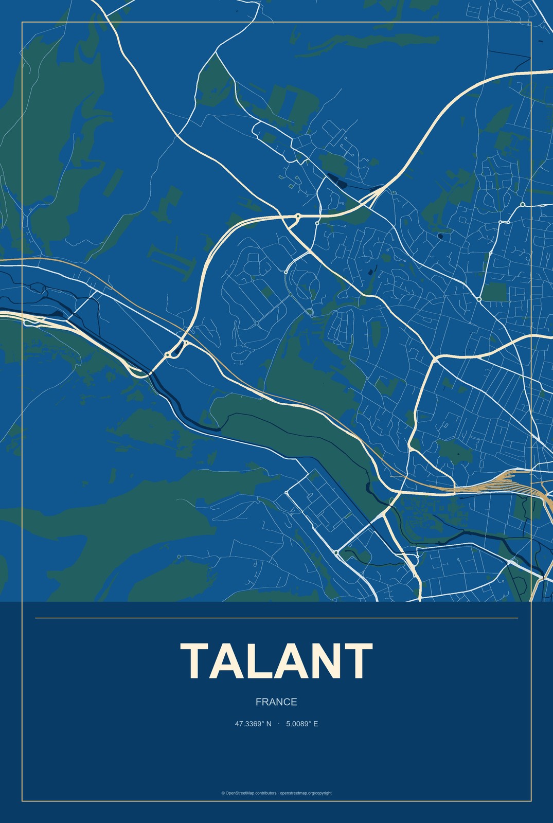 Talant, France City Map Aluminum Sign in Harbor Cobalt style