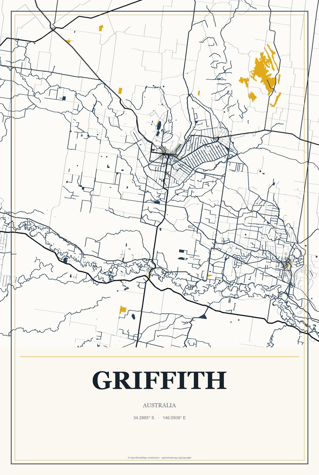 Griffith, Australia City Map Aluminum Sign in Citrine Modern style