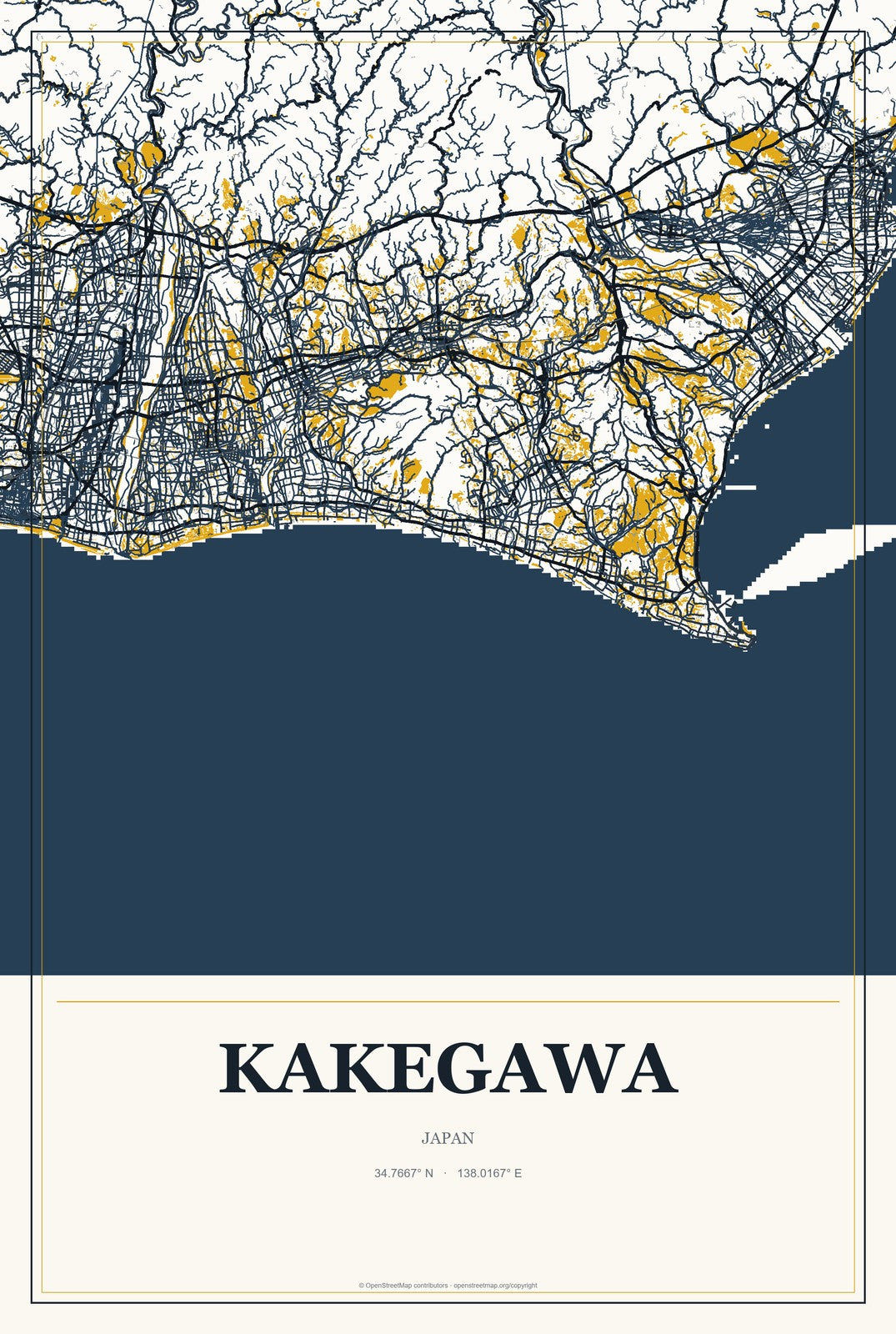 Kakegawa, Japan City Map Aluminum Sign in Citrine Modern style