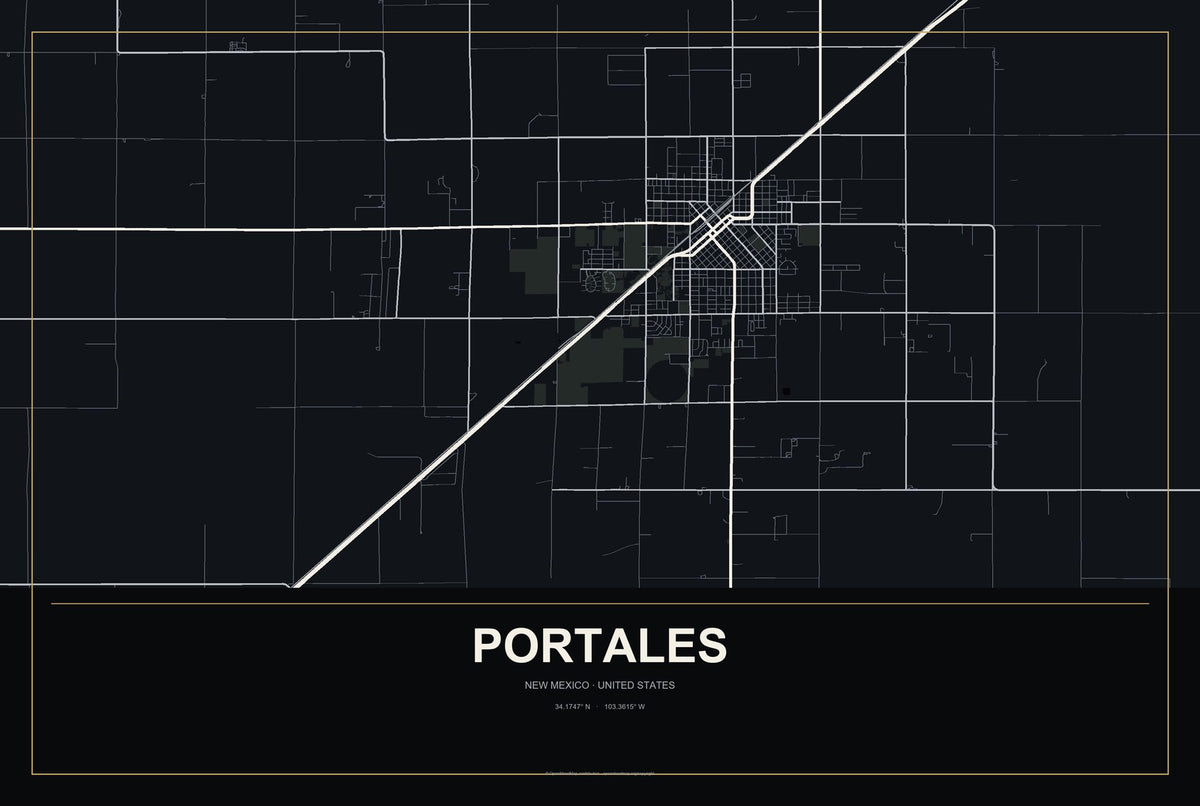 Portales, New Mexico City Map Aluminum Sign in Metropolitan Noir style