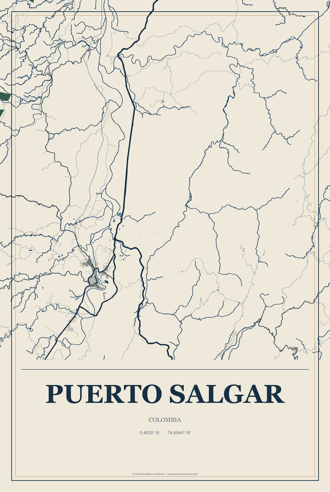 Puerto Salgar, Colombia City Map Aluminum Sign in Coastal Cutout style