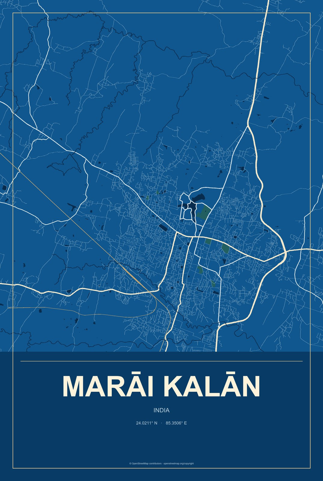 Marāi Kalān, India City Map Aluminum Sign in Harbor Cobalt style
