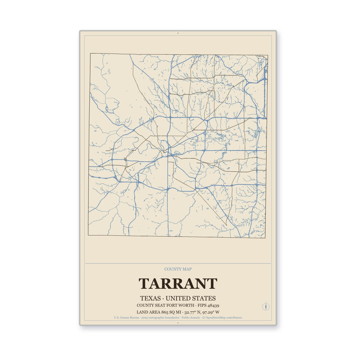 Tarrant County, Texas Map Aluminum Sign in Heritage Nautical style
