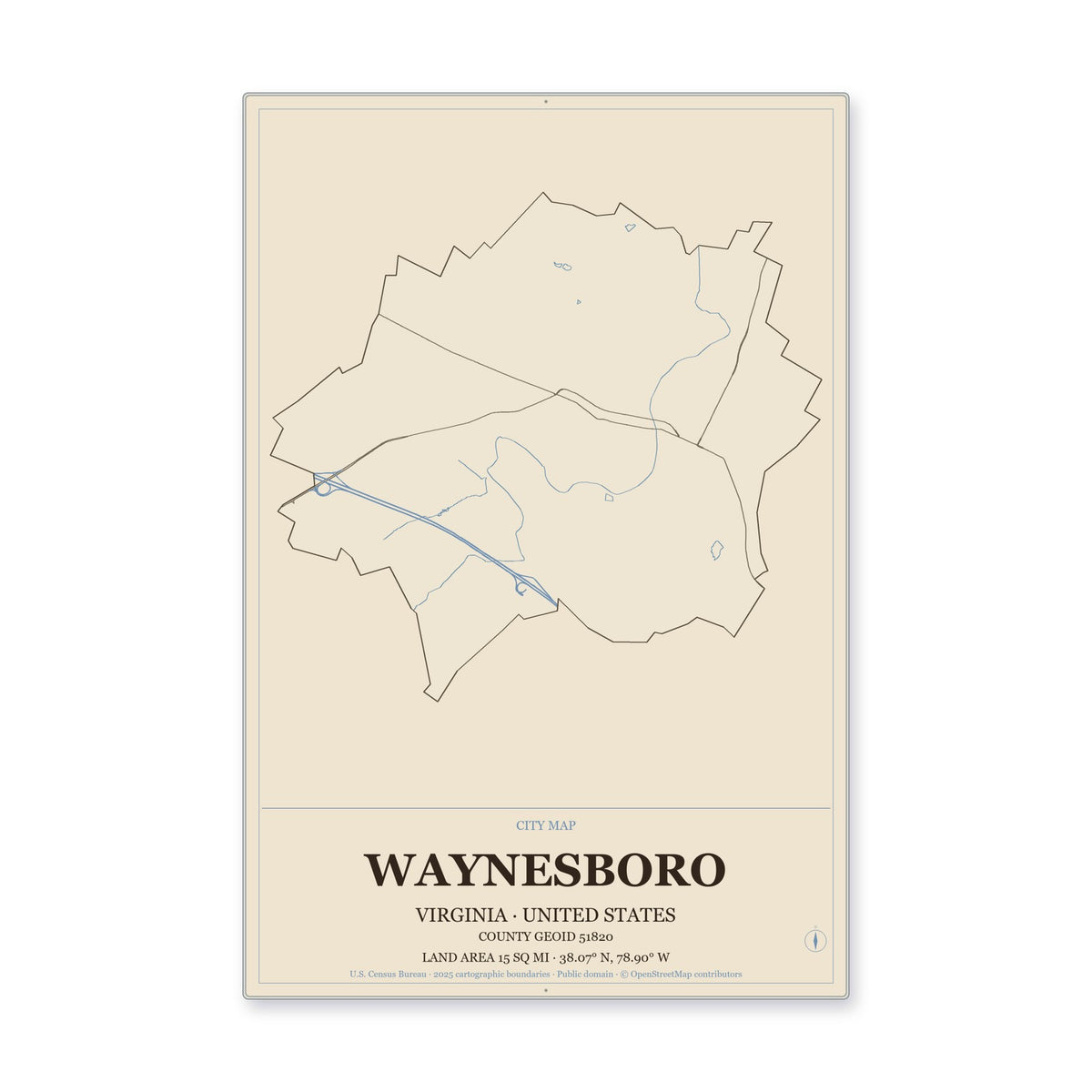 Waynesboro city, Virginia Map Aluminum Sign in Heritage Nautical style