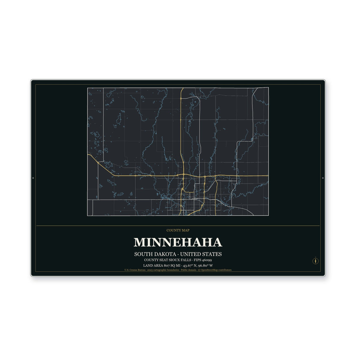Minnehaha County, South Dakota Map Aluminum Sign in Metropolitan Noir style