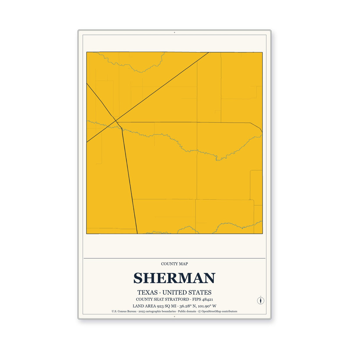 Sherman County, Texas Map Aluminum Sign in Citrine Modern style