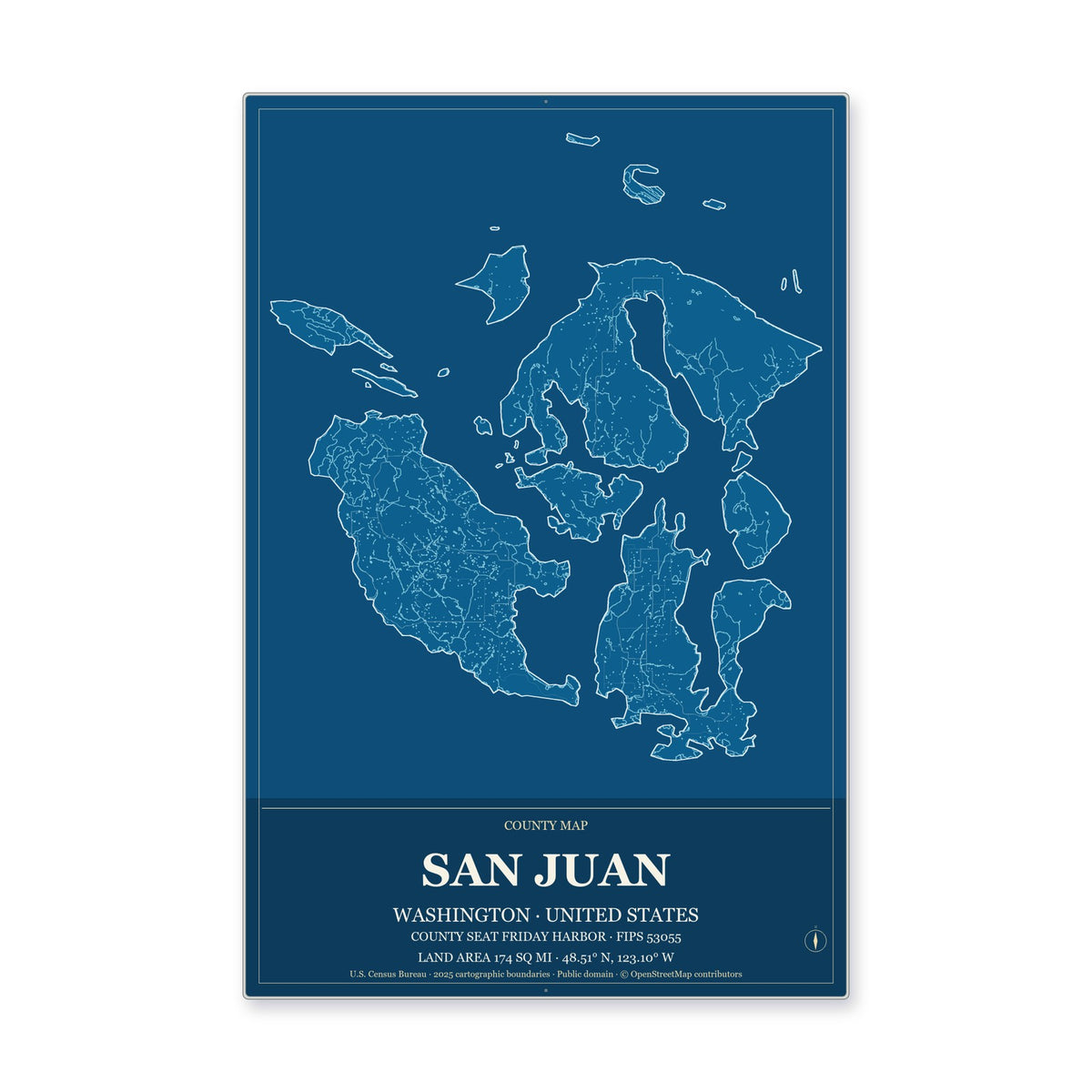 San Juan County, Washington Map Aluminum Sign in Harbor Cobalt style