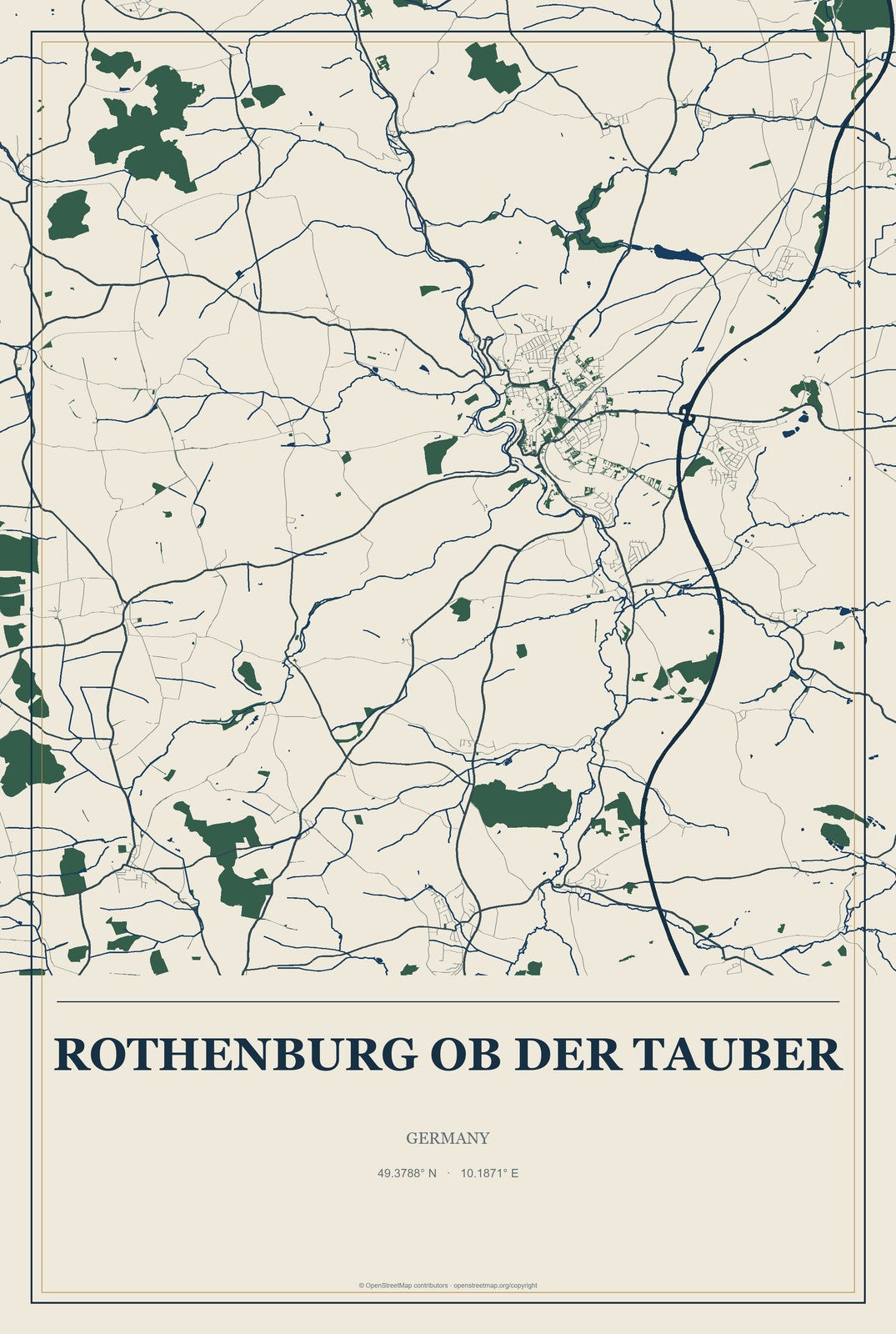 Rothenburg ob der Tauber, Germany City Map Aluminum Sign in Coastal Cutout style