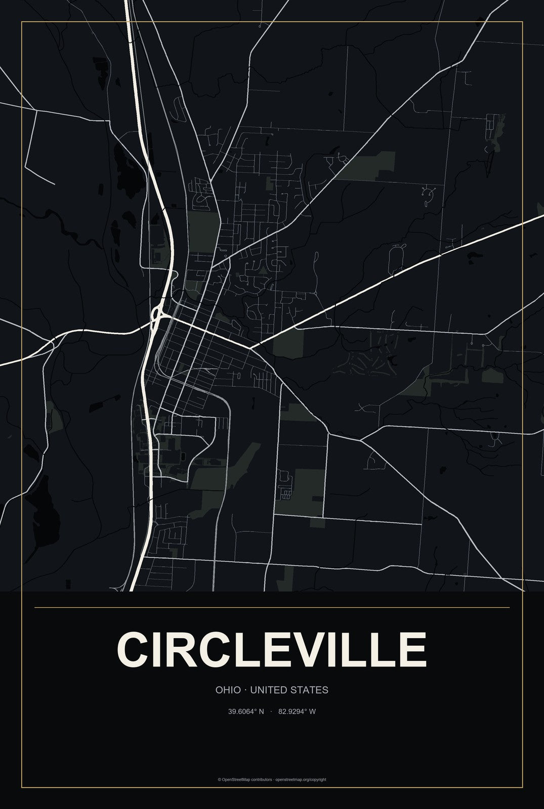 Circleville, Ohio City Map Aluminum Sign in Metropolitan Noir style