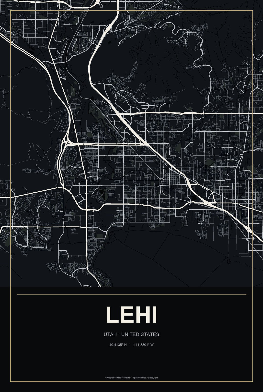 Lehi, Utah City Map Aluminum Sign in Metropolitan Noir style