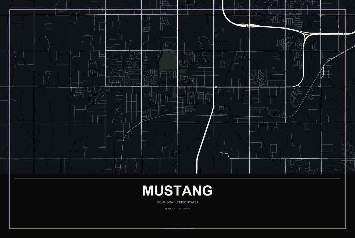 Mustang, Oklahoma City Map Aluminum Sign in Metropolitan Noir style