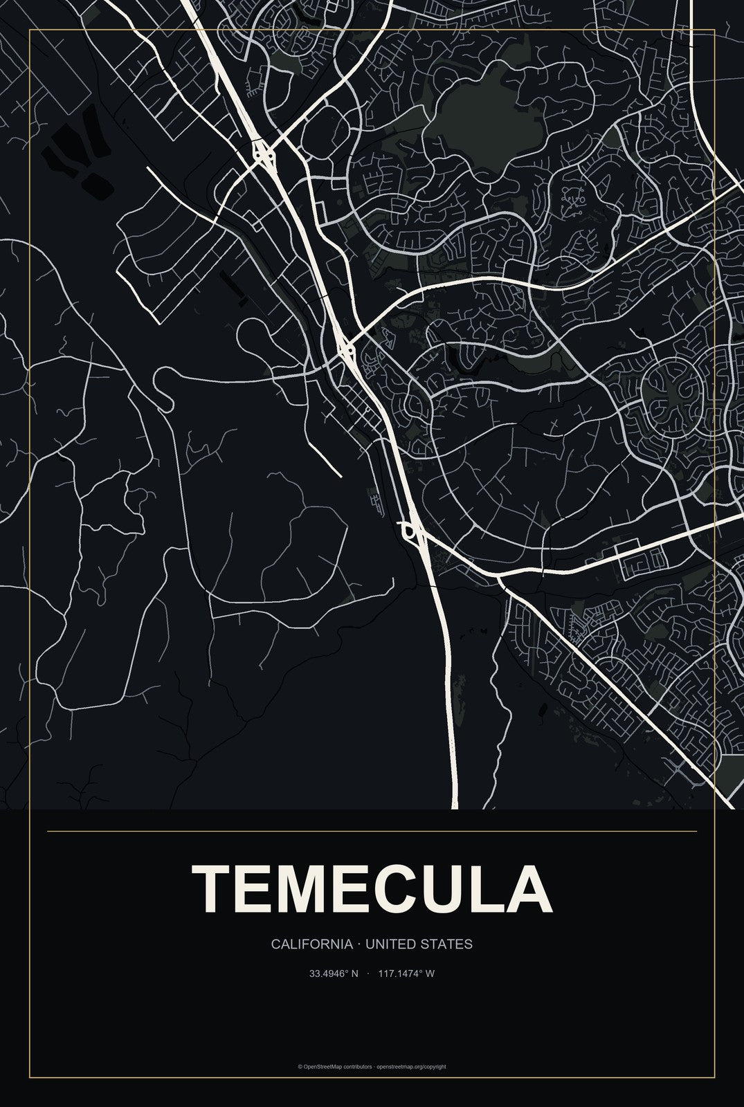 Temecula, California City Map Aluminum Sign in Metropolitan Noir style
