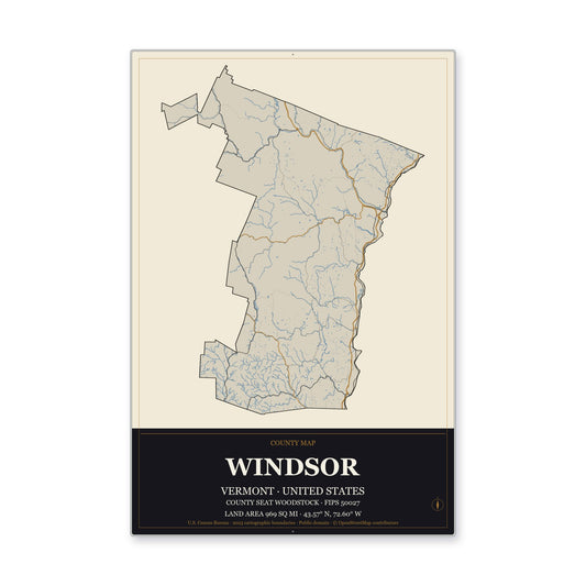 Windsor County, Vermont Map Aluminum Sign in Museum Plaque style