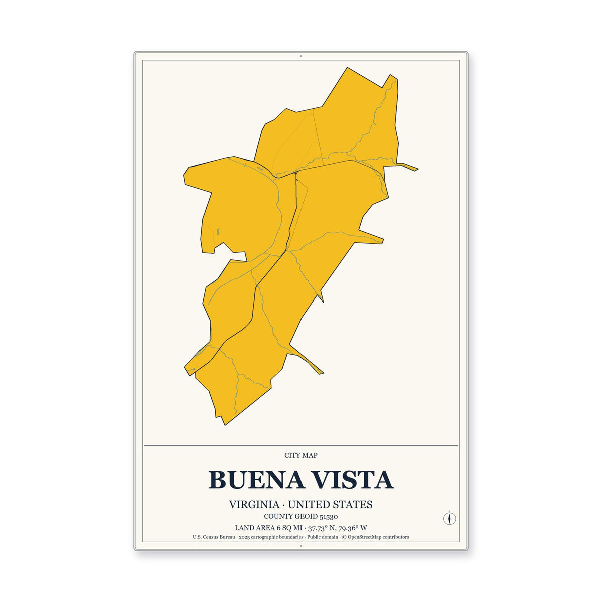 Buena Vista city, Virginia Map Aluminum Sign in Citrine Modern style