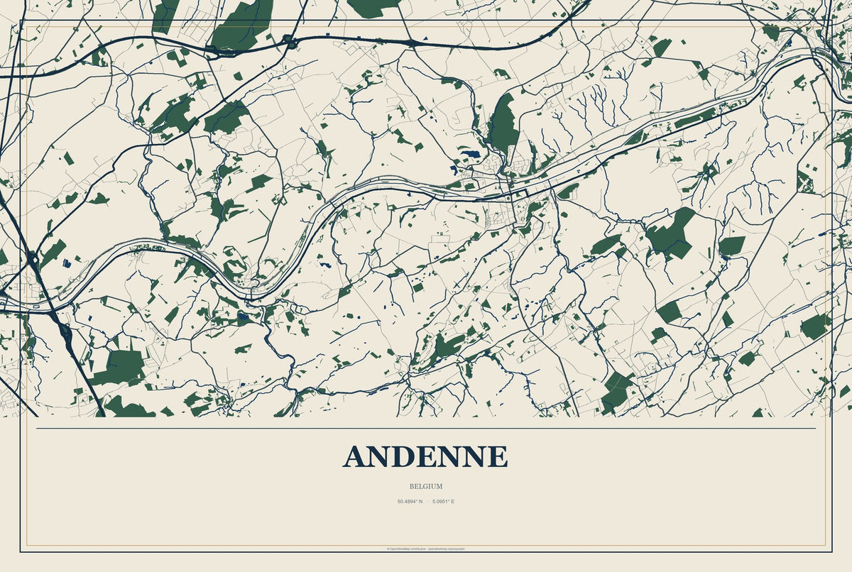 Andenne, Belgium City Map Aluminum Sign in Coastal Cutout style