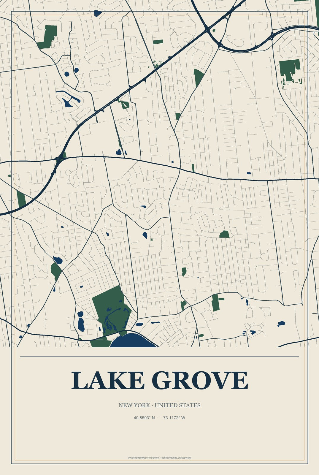 Lake Grove, New York City Map Aluminum Sign in Coastal Cutout style
