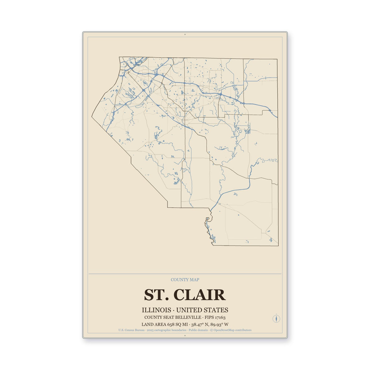 St. Clair County, Illinois Map Aluminum Sign in Heritage Nautical style