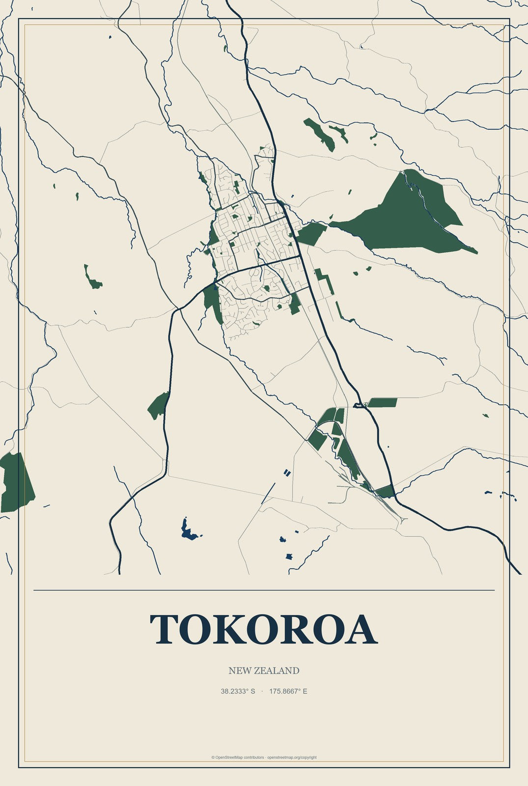 Tokoroa, New Zealand City Map Aluminum Sign in Coastal Cutout style