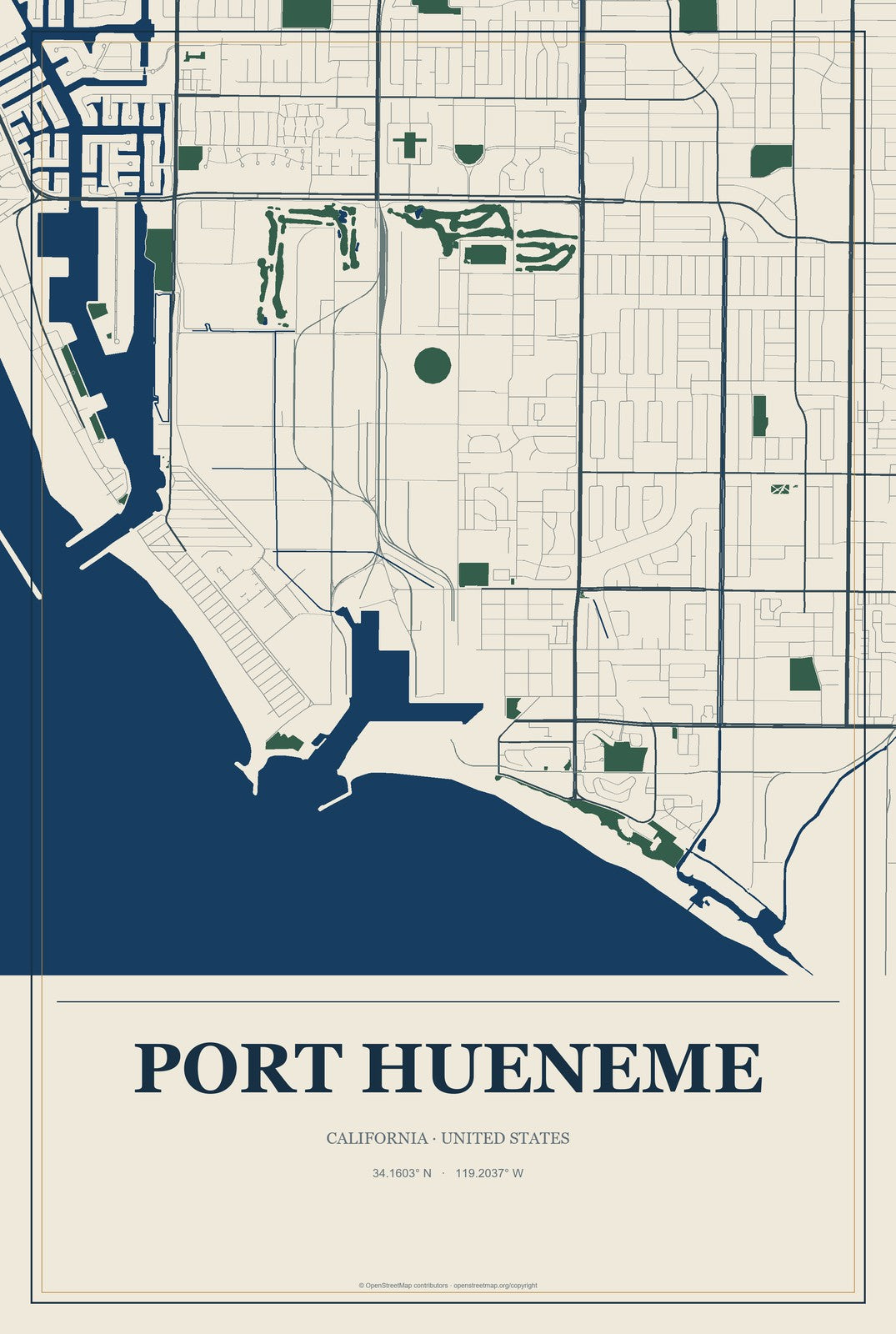 Port Hueneme, California City Map Aluminum Sign in Coastal Cutout style