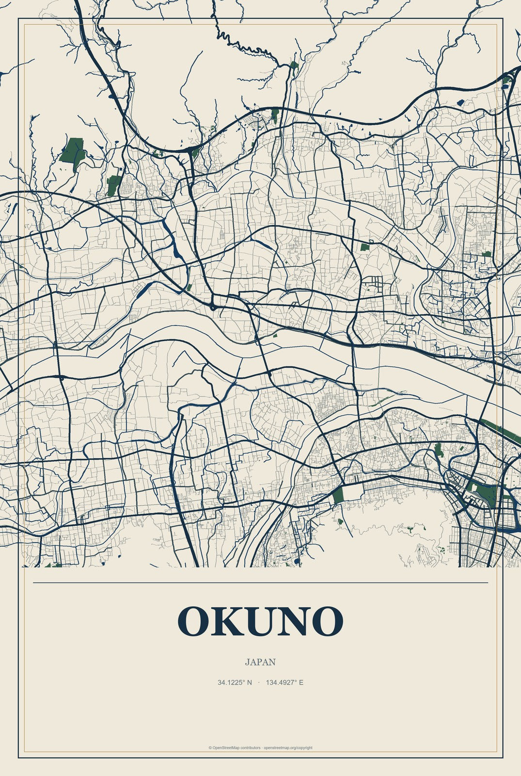 Okuno, Japan City Map Aluminum Sign in Coastal Cutout style