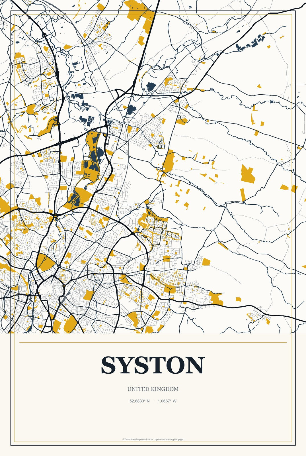 Syston, United Kingdom City Map Aluminum Sign in Citrine Modern style