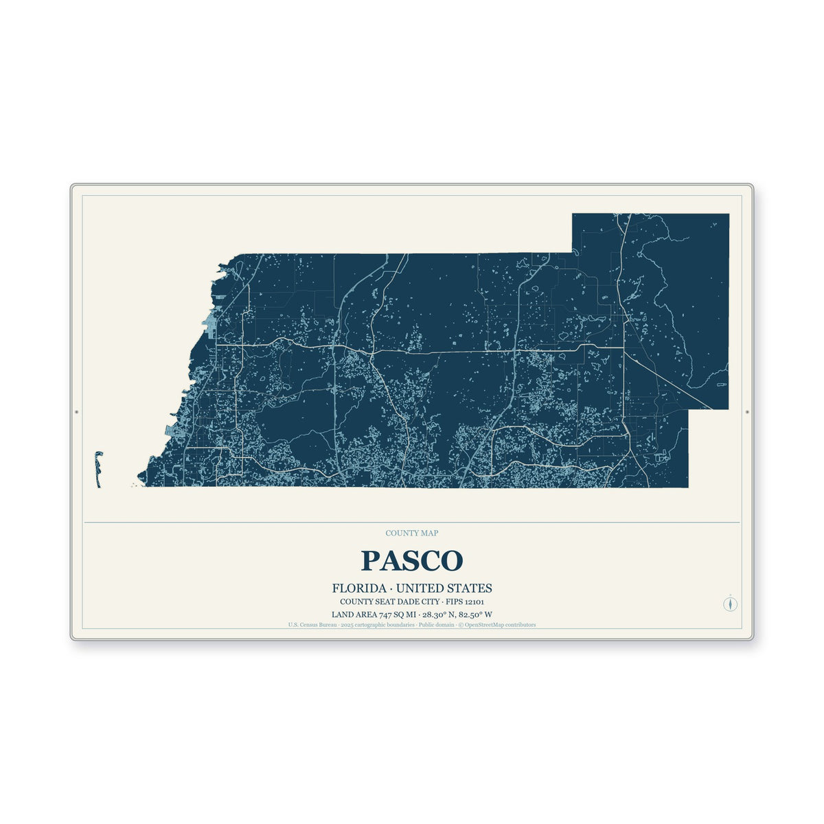 Pasco County, Florida Map Aluminum Sign in Coastal Cutout style