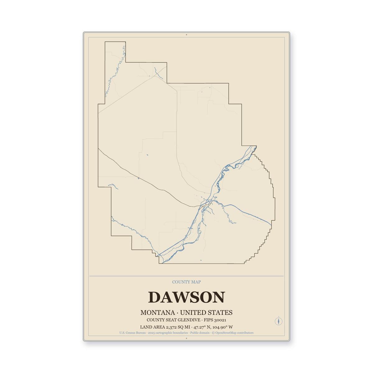 Dawson County, Montana Map Aluminum Sign in Heritage Nautical style
